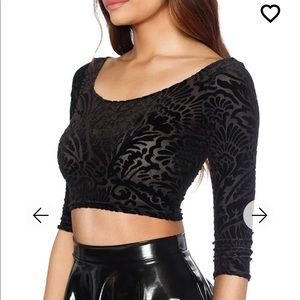 BlackMilk Clothing Burned Velvet Damask 3/4 Sleeve Crop Top